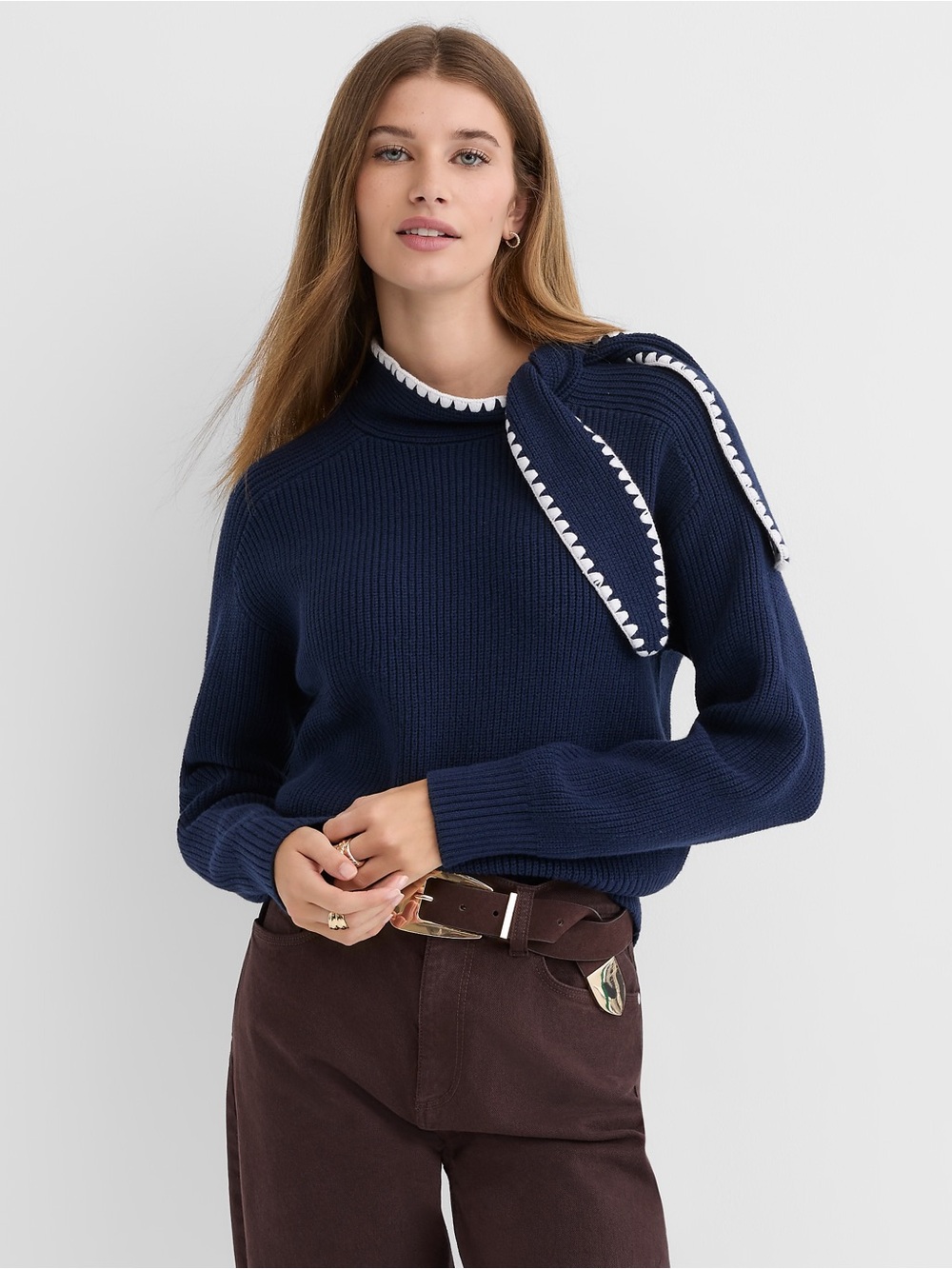 LOFT Navy Ribbed Cowl Sweater with Scallop Trim Tie